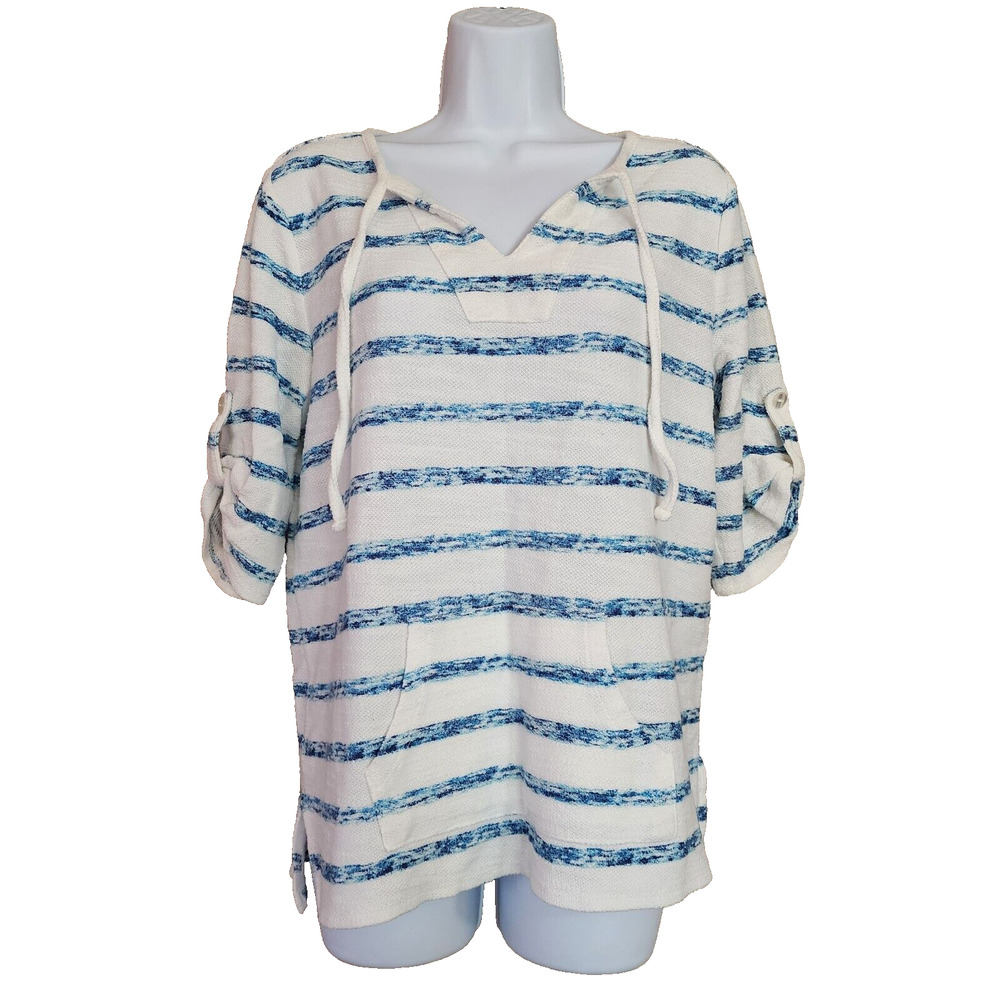 Sleep Sense Womens Knit Top Size S White Blue Striped 1/2 Roll Tab Sleeve